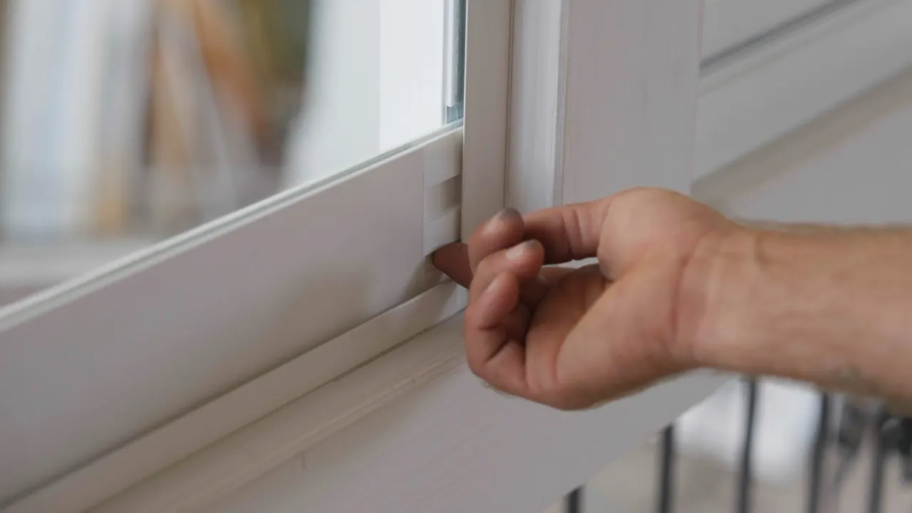 Mano che tocca il bordo di una finestra in PVC aperta